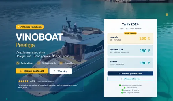 Landing page premium pour expérience nautique de luxe - Vinoboat Prestige | Portfolio ConvertiLab