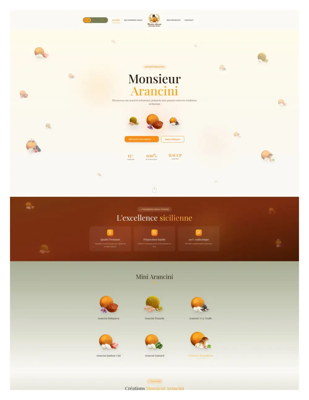 Page d'accueil du site vitrine de Monsieur Arancini, livré par l'agence