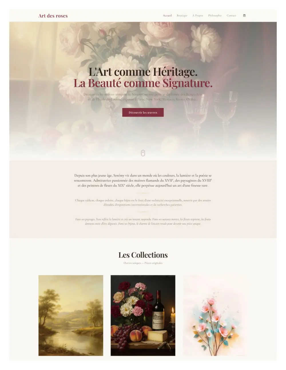 Page d'accueil de la boutique en ligne Art des Roses, livrée par l'agence
