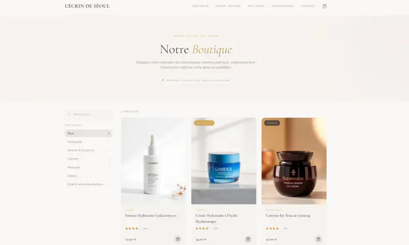 Catalogue de la boutique en ligne L'Écrin de Séoul, cosmétiques coréens, avec filtres par catégorie et prix affichés, livrée par l'agence