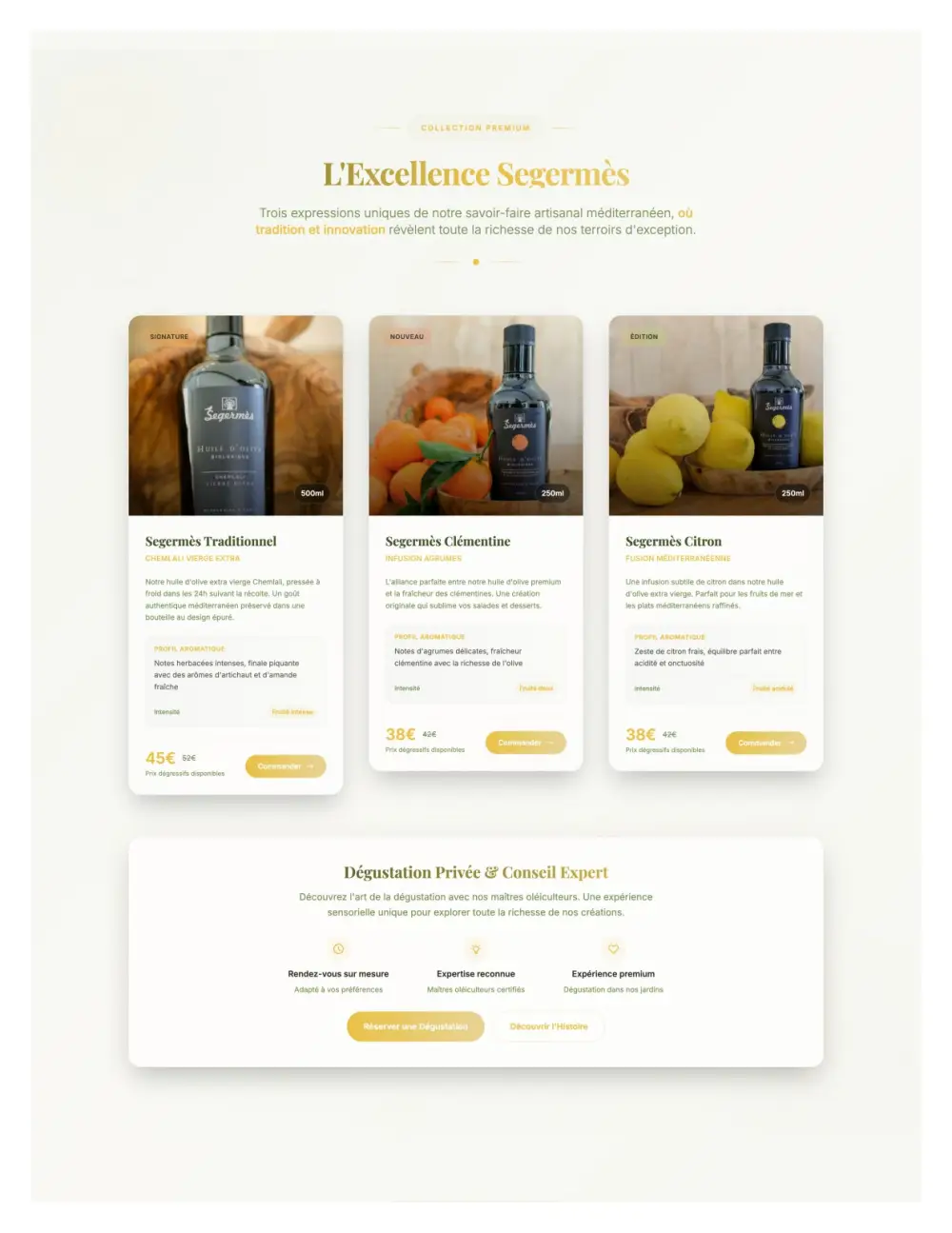 Catalogue huile d'olive haut de gamme – collection et dégustation